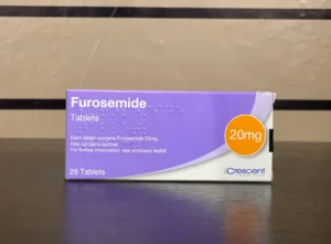 Front view of Furosemide 20mg 36 tablets prescription bottle with clear pharmacy labeling