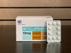 Front view of Metoclopramide 10mg 120 tablets prescription bottle with clear pharmacy labeling