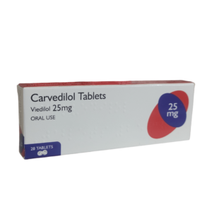 Front view of Carvedilol 25mg 180 tablets prescription bottle with clear medical labeling