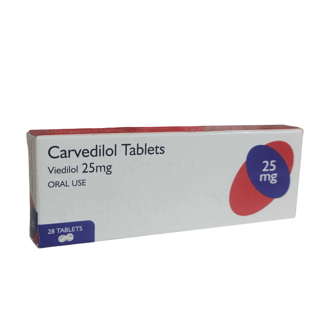 Front view of Carvedilol 25mg 180 tablets prescription bottle with clear medical labeling