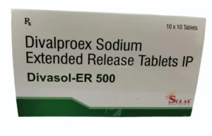 Image Alt Text: White oval-shaped Divalproex Sodium 500mg tablets next to a prescription pharmacy bottle containing 60 tablets.