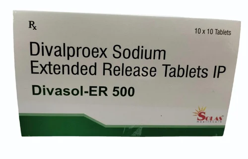 Image Alt Text: White oval-shaped Divalproex Sodium 500mg tablets next to a prescription pharmacy bottle containing 60 tablets.