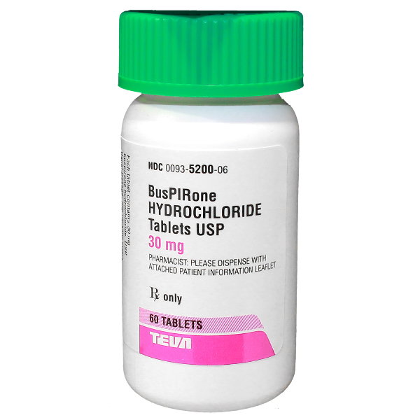 White plastic prescription bottle of Buspirone Hydrochloride 30mg tablets, 60 count bottle for daily anxiety management therapy.