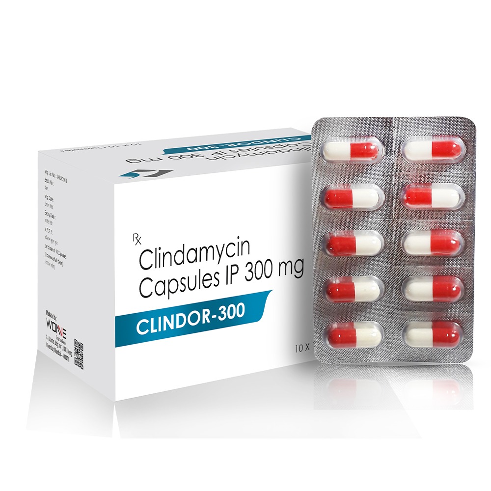 White plastic prescription bottle of Clindamycin HCL 300mg capsules, 30 count bottle for targeted oral antibiotic therapy.