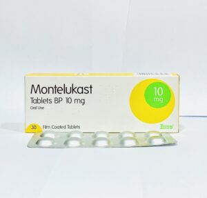 White plastic prescription bottle of Montelukast Sodium 10mg tablets, 30 count bottle pack for daily allergy and asthma management.