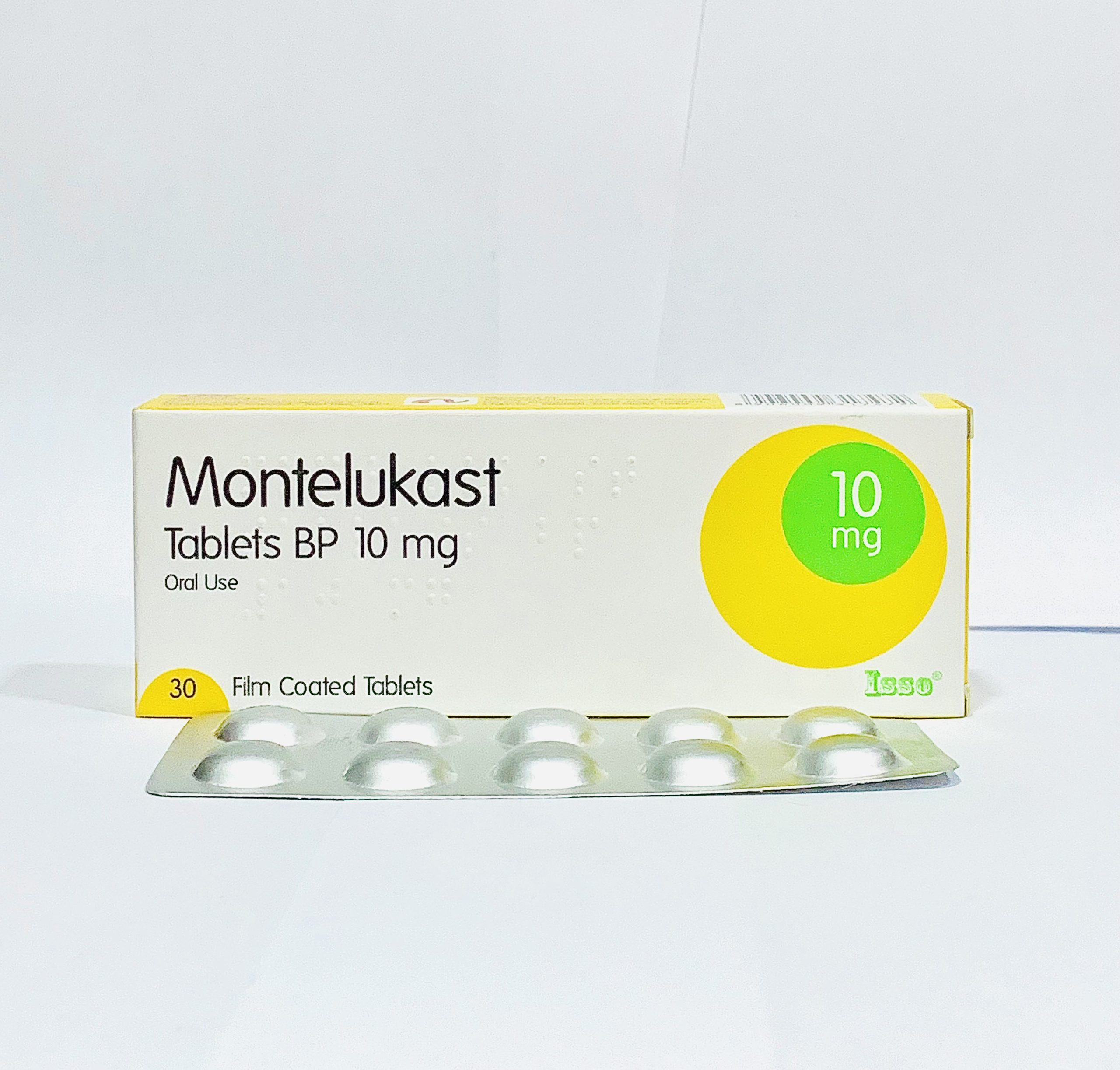 White plastic prescription bottle of Montelukast Sodium 10mg tablets, 30 count bottle pack for daily allergy and asthma management.