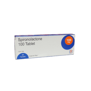 White plastic prescription bottle of Spironolactone 50mg tablets, 100 count bottle pack for daily maintenance therapy.