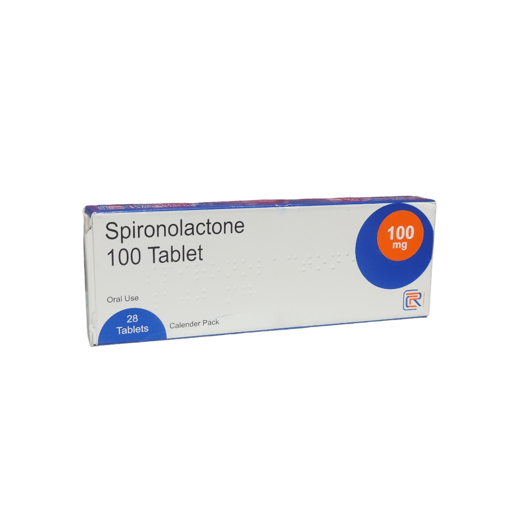 White plastic prescription bottle of Spironolactone 50mg tablets, 100 count bottle pack for daily maintenance therapy.