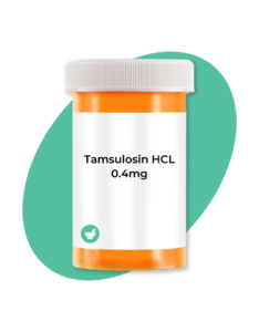 White plastic prescription bottle of Tamsulosin Hydrochloride 0.4mg capsules, 180 count bulk supply bottle.