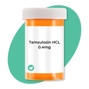 White plastic prescription bottle of Tamsulosin Hydrochloride 0.4mg capsules, 180 count bulk supply bottle.