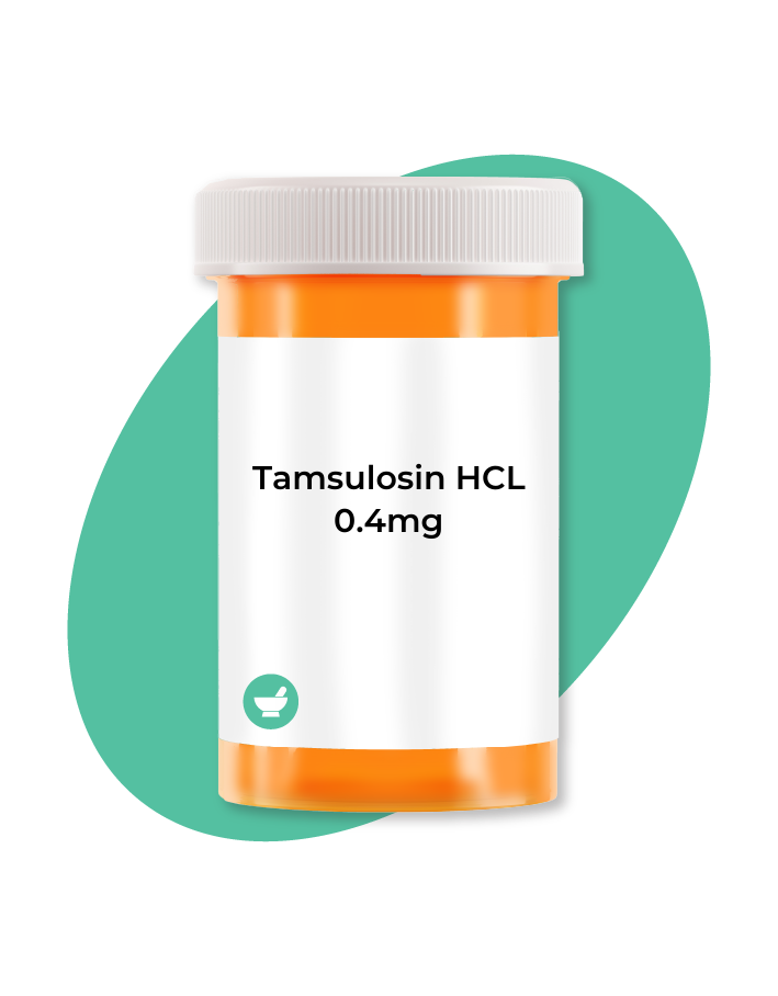 White plastic prescription bottle of Tamsulosin Hydrochloride 0.4mg capsules, 180 count bulk supply bottle.