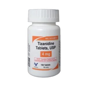 White plastic prescription bottle of Tizanidine Hydrochloride 4mg tablets, 30 count bottle pack for managing muscle spasms.
